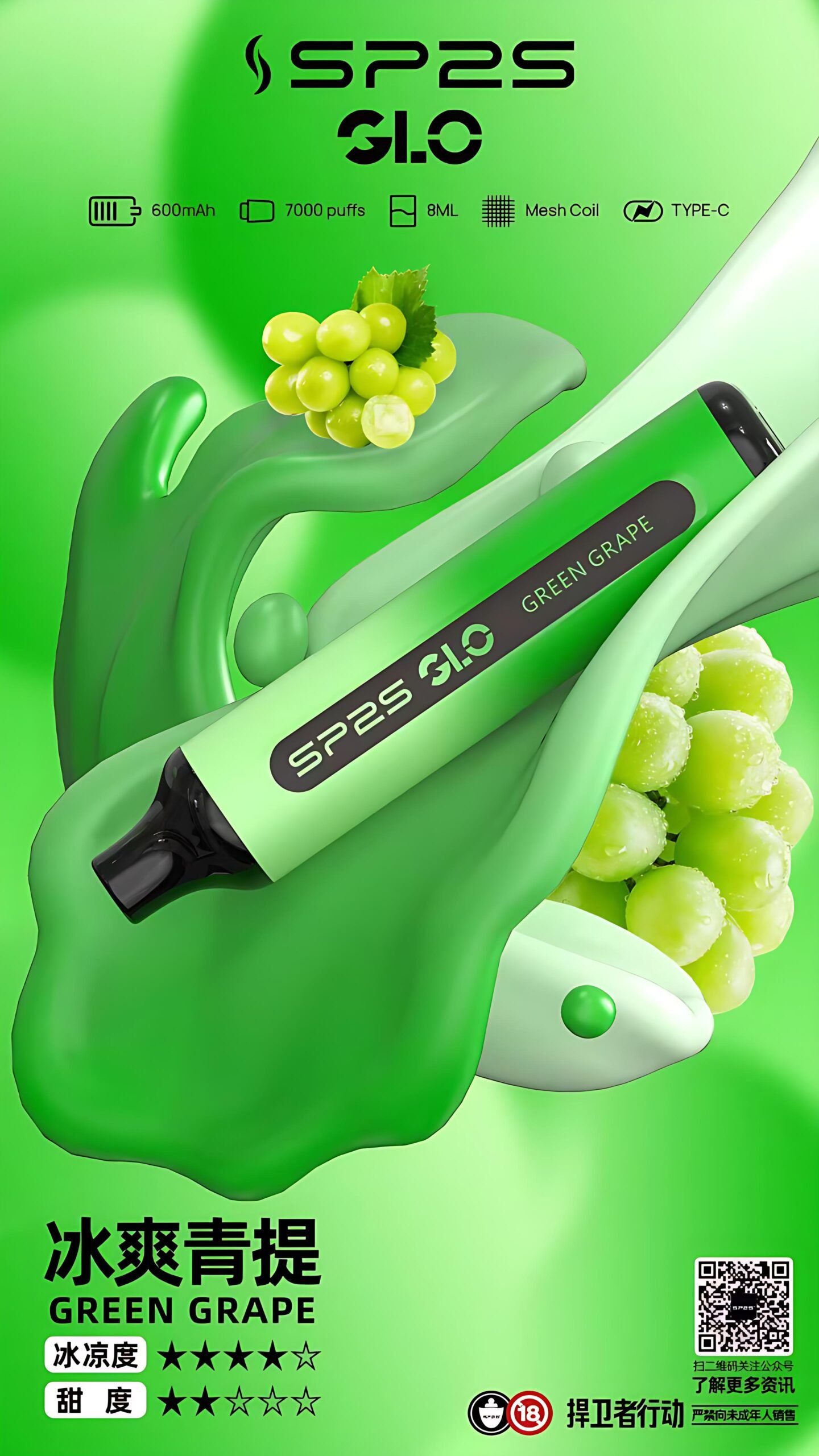 2026-SP2S GLO 7000口一次性電子煙熱門煙彈-冰爽青提口味